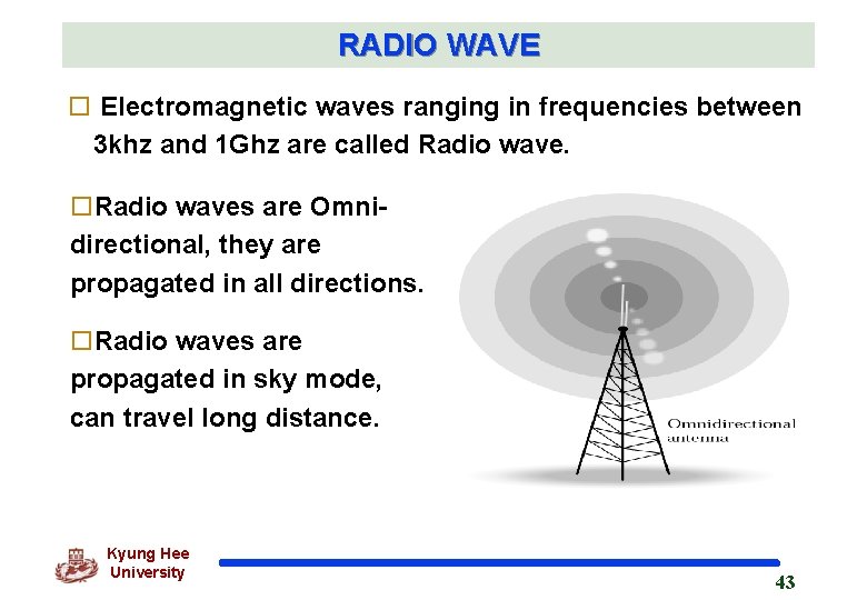RADIO WAVE o Electromagnetic waves ranging in frequencies between 3 khz and 1 Ghz
