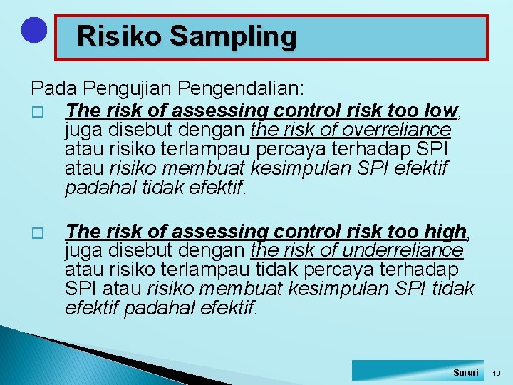 Risiko Sampling Pada Pengujian Pengendalian: � The risk of assessing control risk too low,