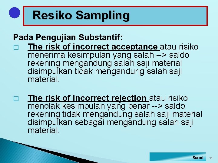 Resiko Sampling Pada Pengujian Substantif: � The risk of incorrect acceptance atau risiko menerima