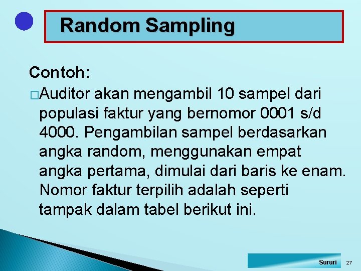 Random Sampling Contoh: �Auditor akan mengambil 10 sampel dari populasi faktur yang bernomor 0001