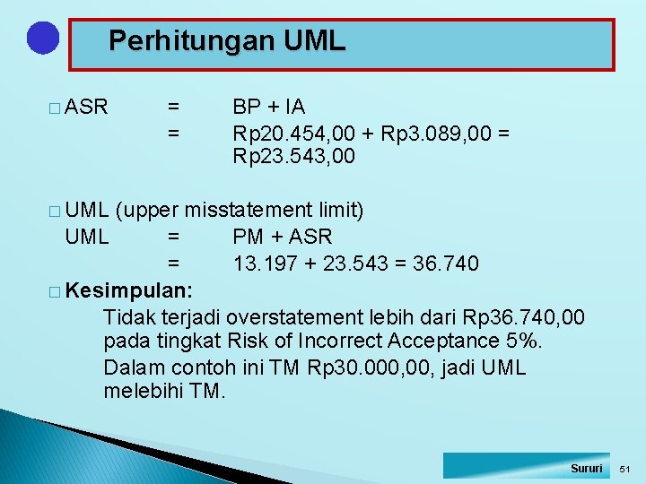 Perhitungan UML � ASR = = BP + IA Rp 20. 454, 00 +