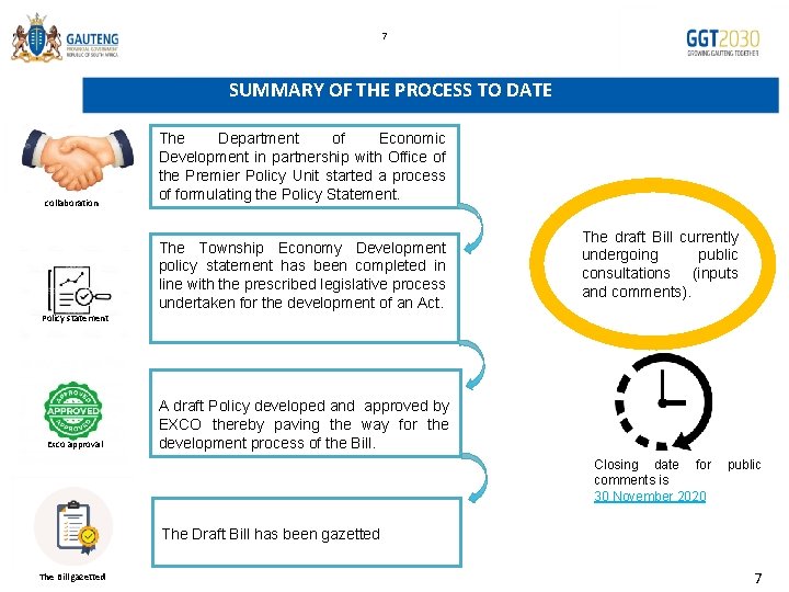 7 SUMMARY OF THE PROCESS TO DATE collaboration The Department of Economic Development in