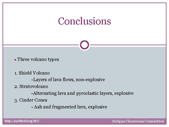 Conclusions ● Three volcano types 1. Shield Volcano -Layers of lava flows, non-explosive 2.