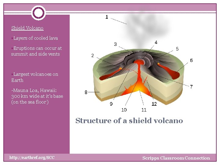 Shield Volcano §Layers of cooled lava §Eruptions can occur at summit and side vents