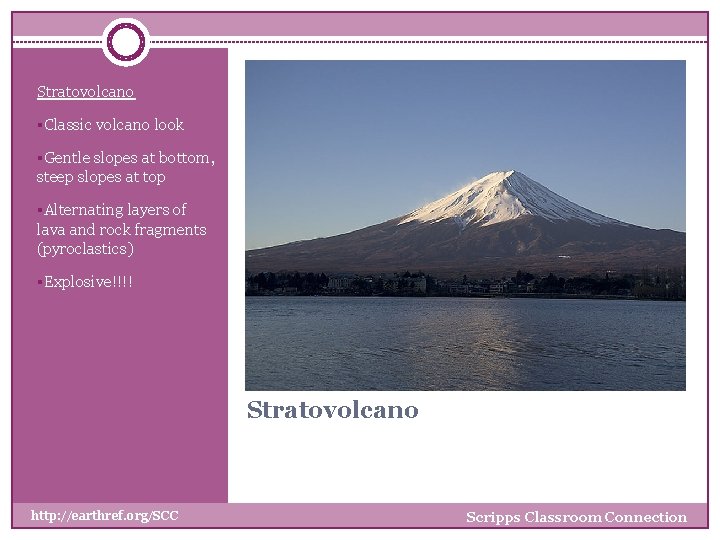 Stratovolcano §Classic volcano look §Gentle slopes at bottom, steep slopes at top §Alternating layers