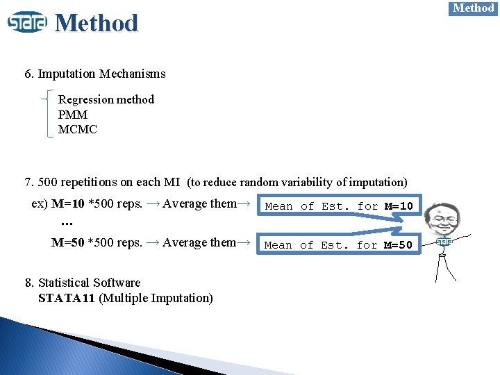 Method 6. Imputation Mechanisms Regression method PMM MCMC 7. 500 repetitions on each MI