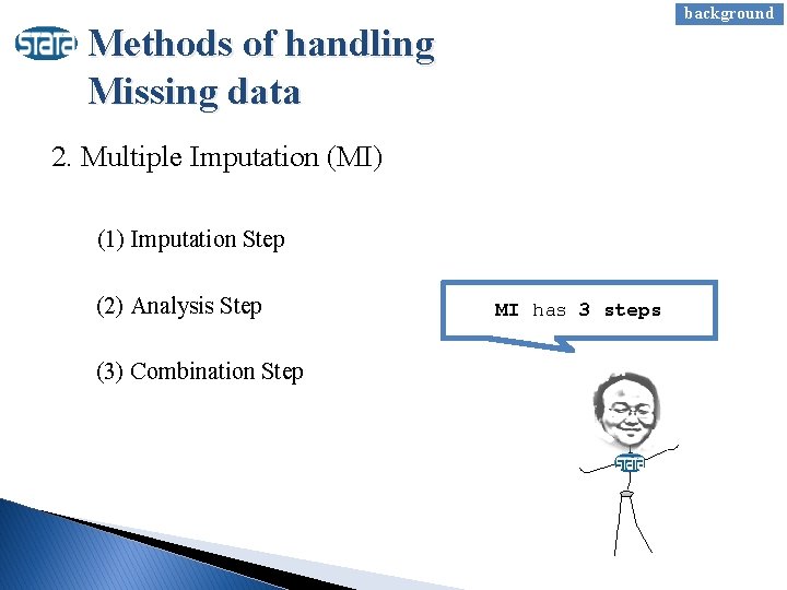 background Methods of handling Missing data 2. Multiple Imputation (MI) (1) Imputation Step (2)