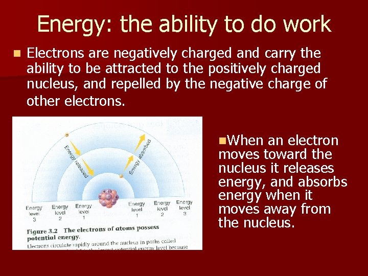 Energy: the ability to do work n Electrons are negatively charged and carry the