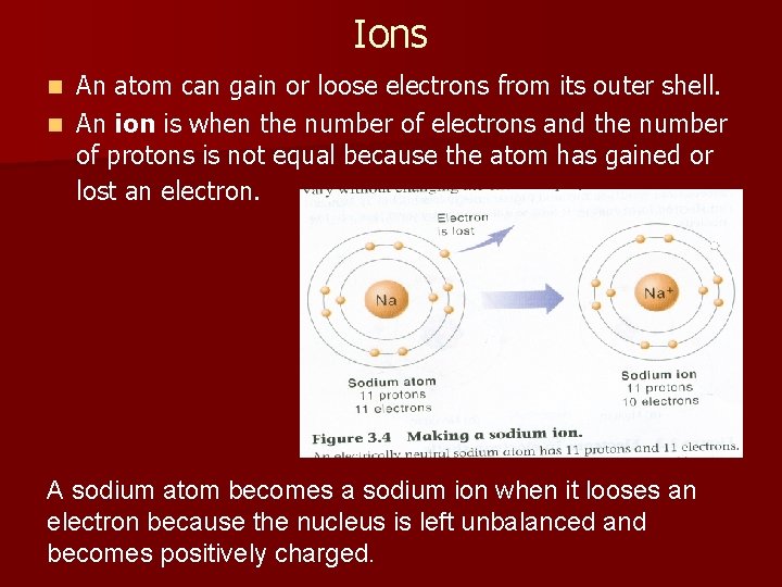 Ions An atom can gain or loose electrons from its outer shell. n An