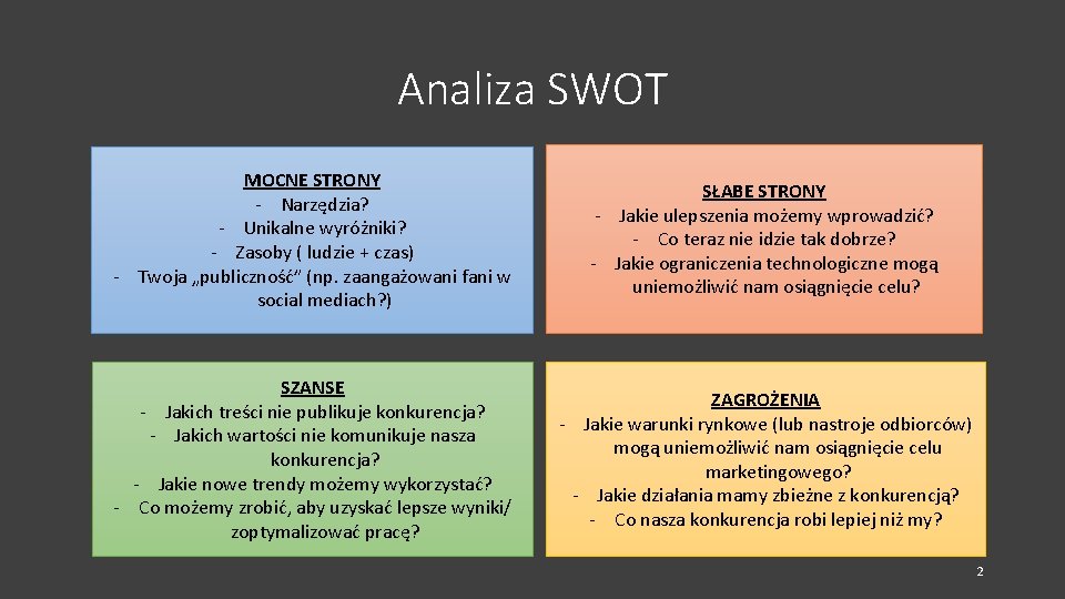 Analiza SWOT MOCNE STRONY - Narzędzia? - Unikalne wyróżniki? - Zasoby ( ludzie + Analiza SWOT MOCNE STRONY - Narzędzia? - Unikalne wyróżniki? - Zasoby ( ludzie +