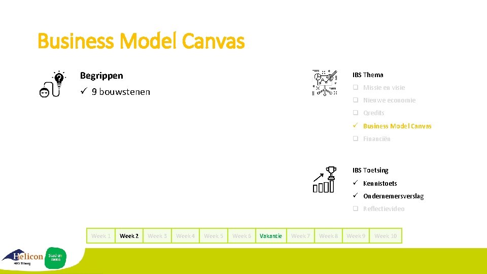 Business Model Canvas Begrippen IBS Thema ü 9 bouwstenen q Missie en visie q