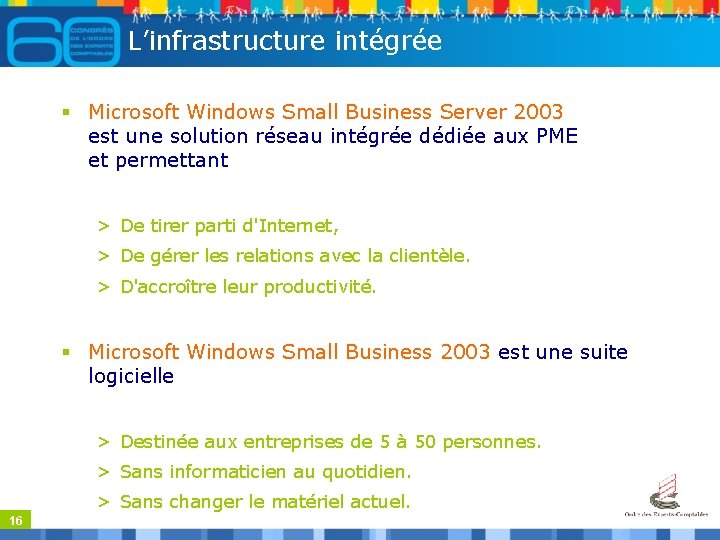 L’infrastructure intégrée § Microsoft Windows Small Business Server 2003 est une solution réseau intégrée