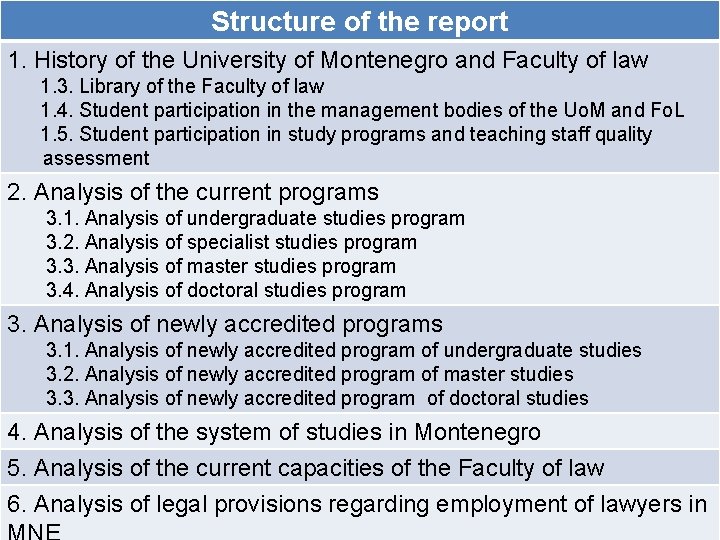 Structure of the report 1. History of the University of Montenegro and Faculty of