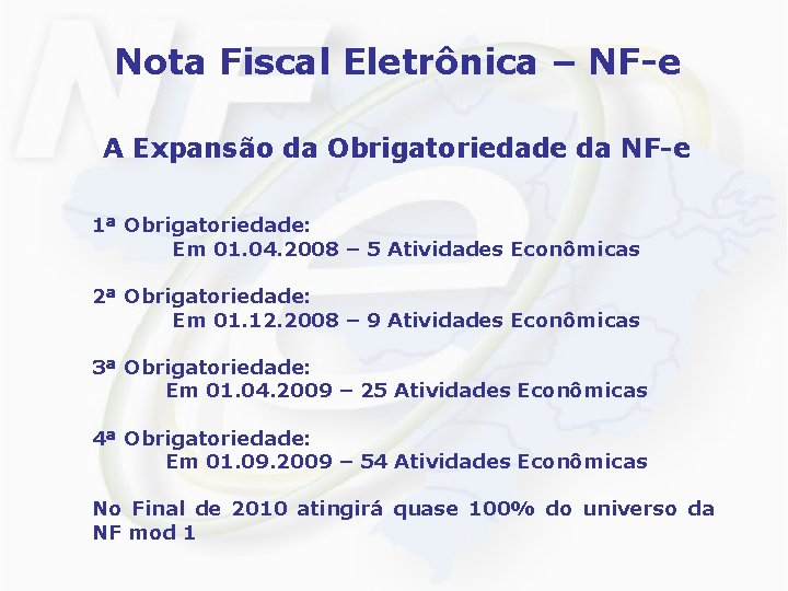 Nota Fiscal Eletrônica – NF-e A Expansão da Obrigatoriedade da NF-e 1ª Obrigatoriedade: Em