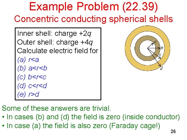 Example Problem (22. 39) Concentric conducting spherical shells Inner shell: charge +2 q Outer