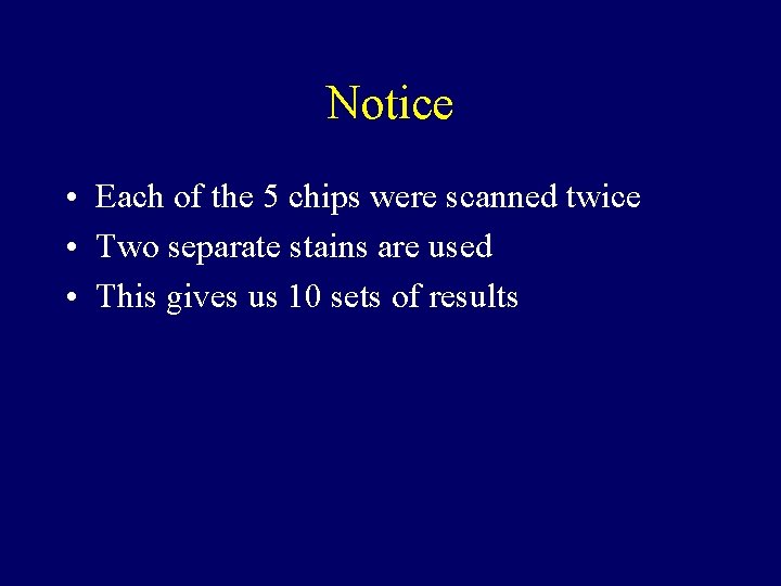 Notice • Each of the 5 chips were scanned twice • Two separate stains Notice • Each of the 5 chips were scanned twice • Two separate stains