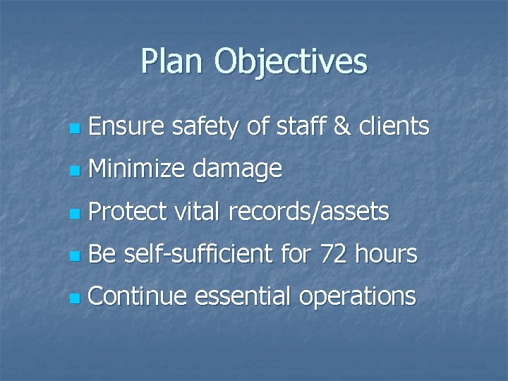 Plan Objectives n Ensure safety of staff & clients n Minimize damage n Protect Plan Objectives n Ensure safety of staff & clients n Minimize damage n Protect