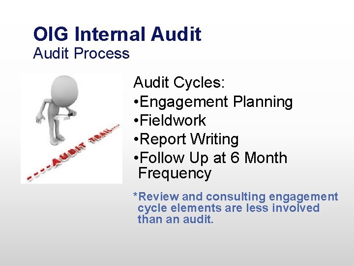 OIG Internal Audit Process Audit Cycles: • Engagement Planning • Fieldwork • Report Writing OIG Internal Audit Process Audit Cycles: • Engagement Planning • Fieldwork • Report Writing