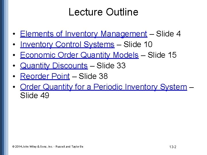 Chapter 13 Inventory Management Russell and Taylor Operations