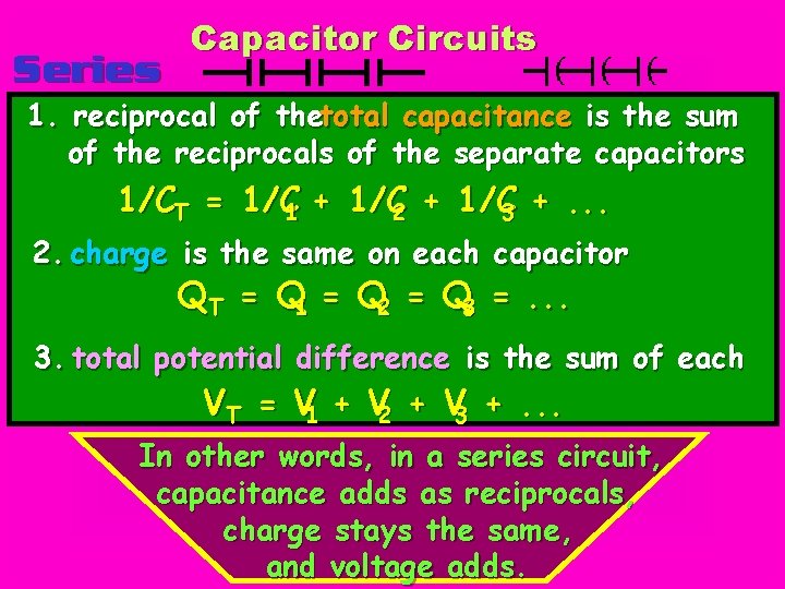 Series Capacitor Circuits 1. reciprocal of thetotal capacitance is the sum of the reciprocals
