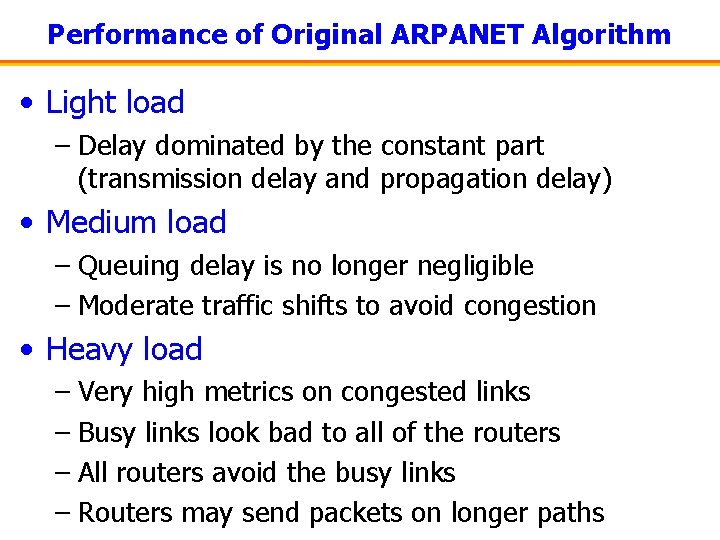 Performance of Original ARPANET Algorithm • Light load – Delay dominated by the constant