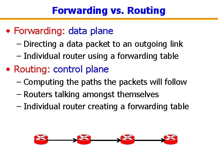 Forwarding vs. Routing • Forwarding: data plane – Directing a data packet to an