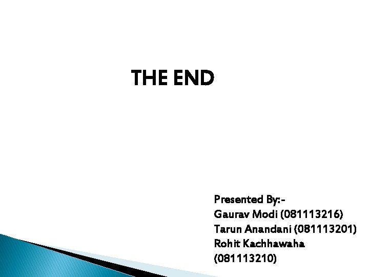 THE END Presented By: Gaurav Modi (081113216) Tarun Anandani (081113201) Rohit Kachhawaha (081113210) 