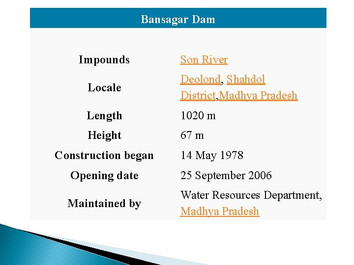 Bansagar Dam Impounds Son River Locale Deolond, Shahdol District, Madhya Pradesh Length 1020 m
