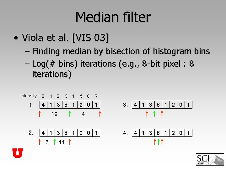 Median filter • Viola et al. [VIS 03] – Finding median by bisection of