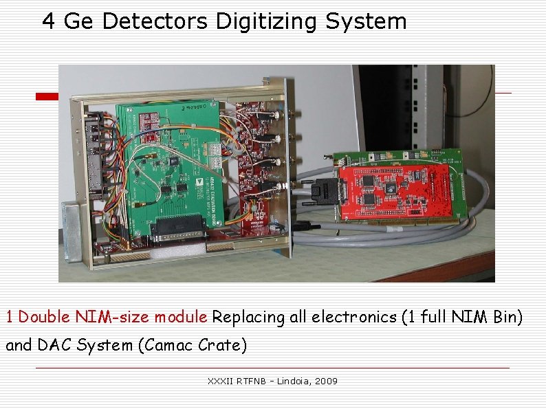 4 Ge Detectors Digitizing System 1 Double NIM-size module Replacing all electronics (1 full 4 Ge Detectors Digitizing System 1 Double NIM-size module Replacing all electronics (1 full