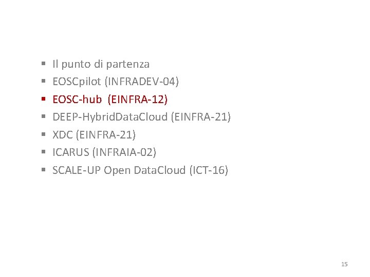 § § § § Il punto di partenza EOSCpilot (INFRADEV-04) EOSC-hub (EINFRA-12) DEEP-Hybrid. Data.