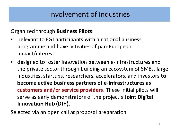 Involvement of Industries Organized through Business Pilots: • relevant to EGI participants with a