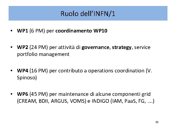 Ruolo dell’INFN/1 • WP 1 (6 PM) per coordinamento WP 10 • WP 2