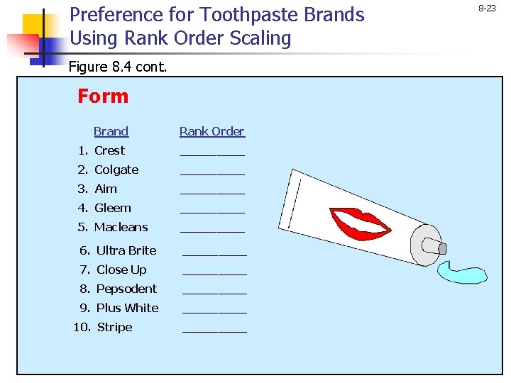 Preference for Toothpaste Brands Using Rank Order Scaling Figure 8. 4 cont. Form Brand