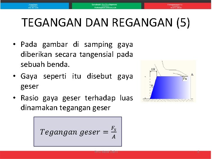 TEGANGAN DAN REGANGAN (5) • Pada gambar di samping gaya diberikan secara tangensial pada