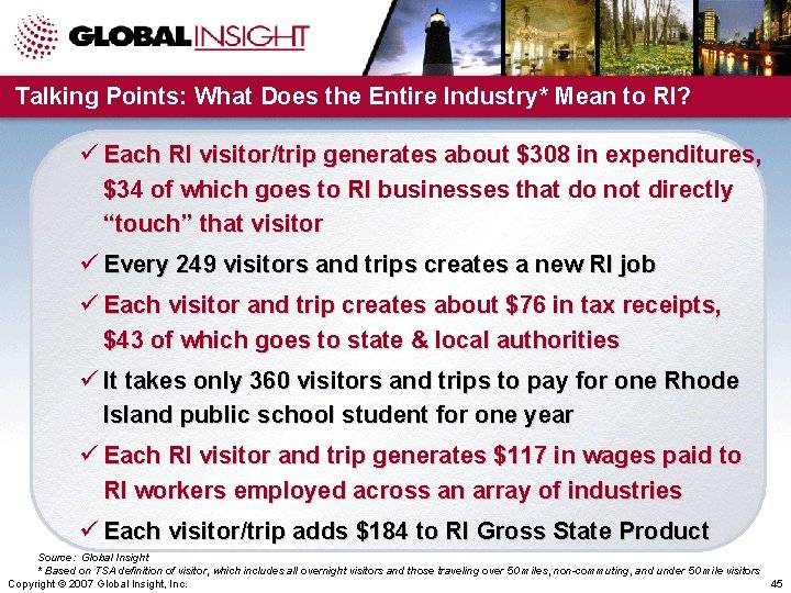 Talking Points: What Does the Entire Industry* Mean to RI? ü Each RI visitor/trip