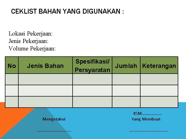 CEKLIST BAHAN YANG DIGUNAKAN : Lokasi Pekerjaan: Jenis Pekerjaan: Volume Pekerjaan: No Jenis Bahan