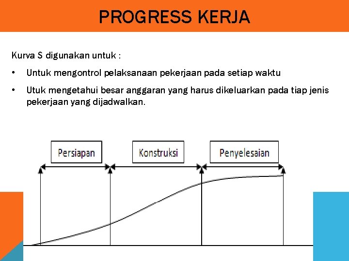 PROGRESS KERJA Kurva S digunakan untuk : • Untuk mengontrol pelaksanaan pekerjaan pada setiap