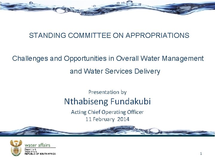 STANDING COMMITTEE ON APPROPRIATIONS Challenges and Opportunities in Overall Water Management and Water Services