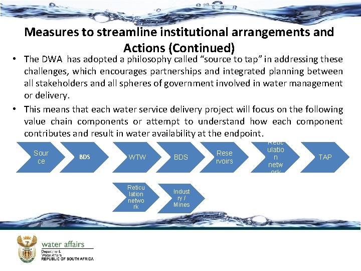 Measures to streamline institutional arrangements and Actions (Continued) • The DWA has adopted a