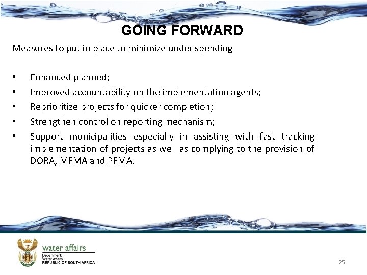 GOING FORWARD Measures to put in place to minimize under spending • • •