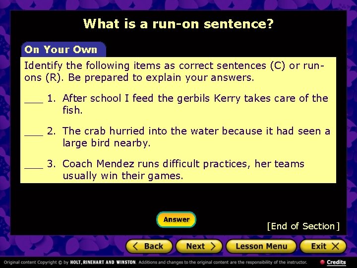 What is a run-on sentence? On Your Own Identify the following items as correct