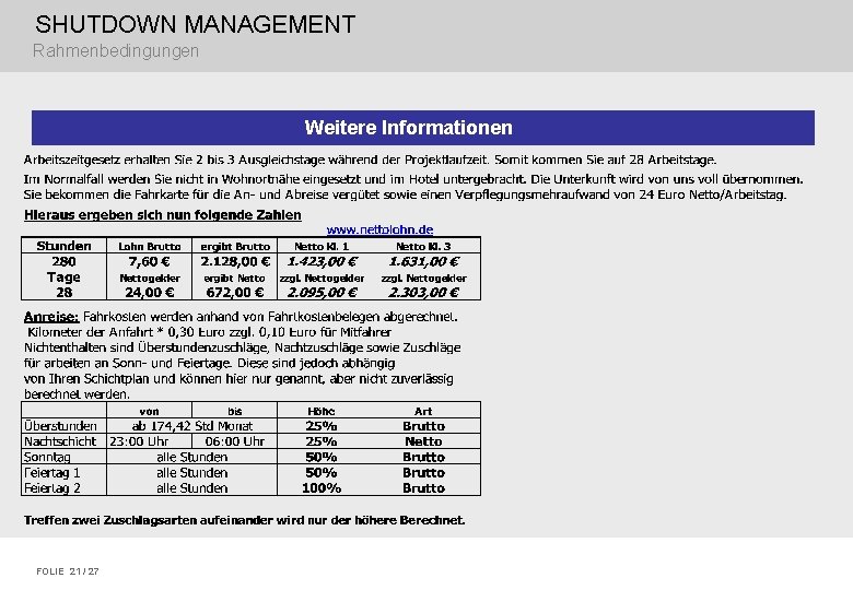 SHUTDOWN MANAGEMENT Rahmenbedingungen Weitere Informationen FOLIE 21 / 27 