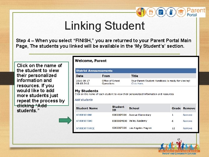 Linking Student Step 4 – When you select “FINISH, ” you are returned to