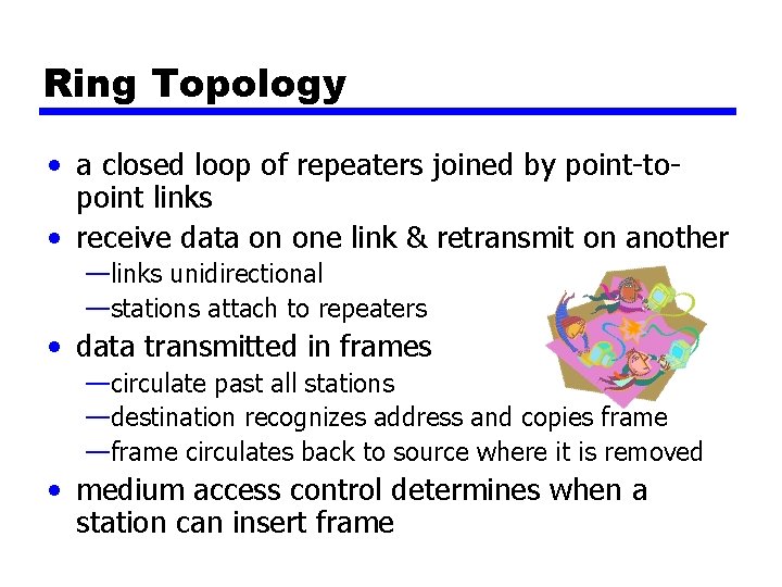 Ring Topology • a closed loop of repeaters joined by point-topoint links • receive