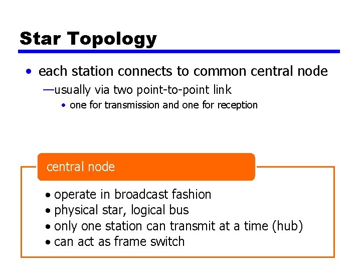Star Topology • each station connects to common central node —usually via two point-to-point