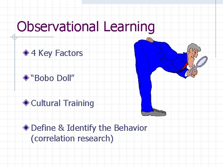 Observational Learning 4 Key Factors “Bobo Doll” Cultural Training Define & Identify the Behavior
