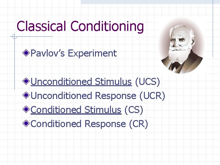 Classical Conditioning Pavlov’s Experiment Unconditioned Stimulus (UCS) Unconditioned Response (UCR) Conditioned Stimulus (CS) Conditioned