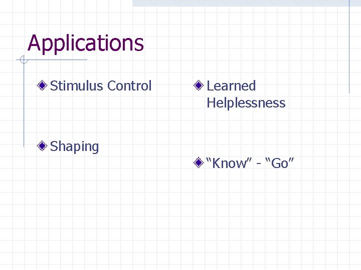 Applications Stimulus Control Shaping Learned Helplessness “Know” - “Go” 