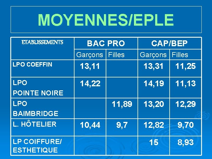 MOYENNES/EPLE ETABLISSEMENTS BAC PRO CAP/BEP Garçons Filles LPO COEFFIN 13, 11 13, 31 11,